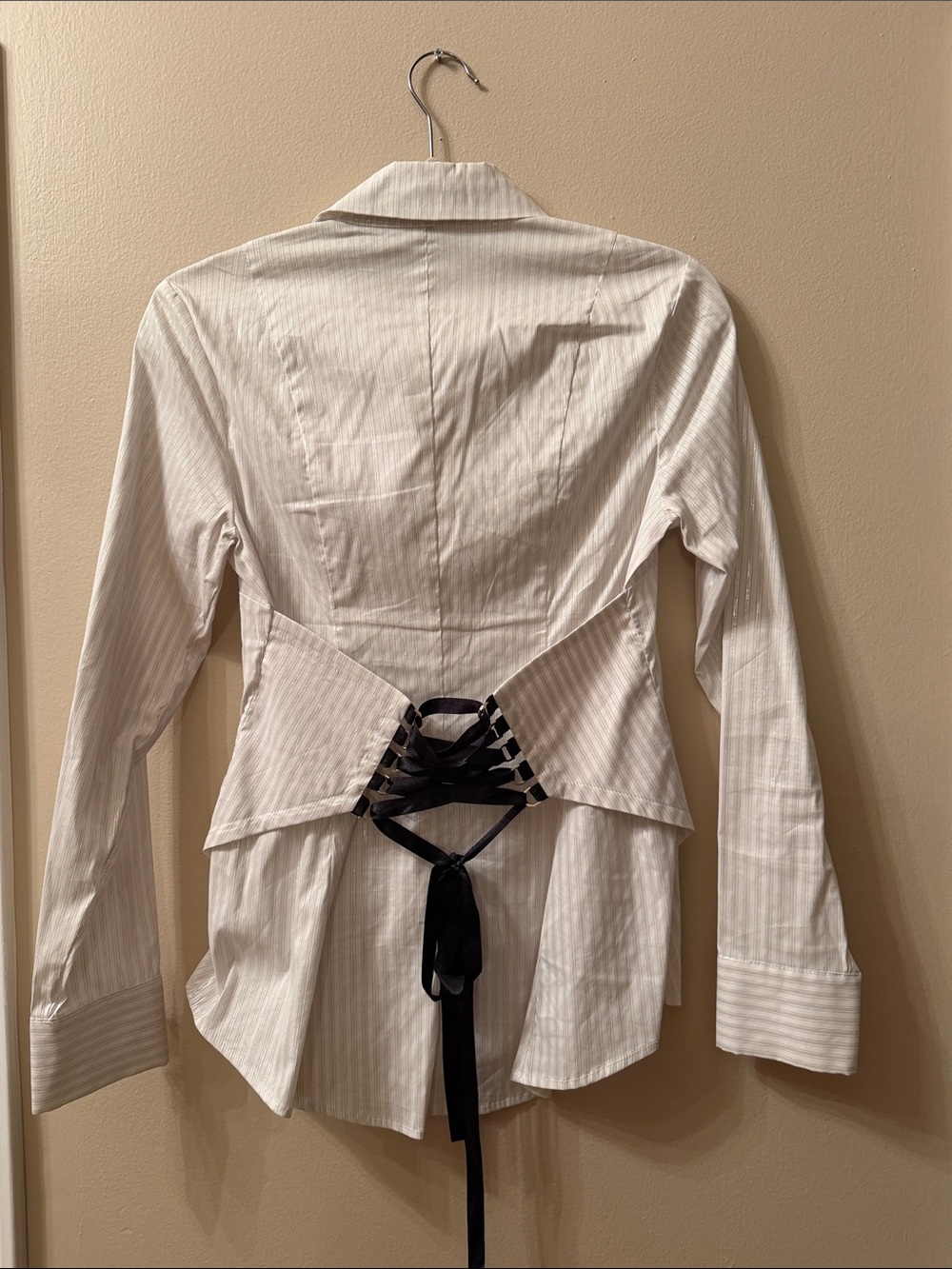 bebe Cream Pinstripe Button-Down Shirt tie back - Picture 5 of 5